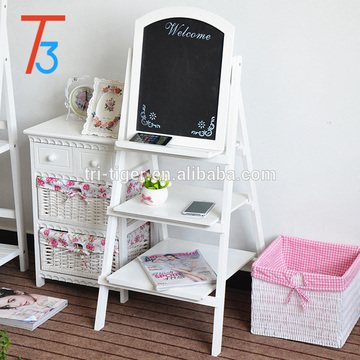 white freestanding wooden chalkboard easel with 3 display shelves