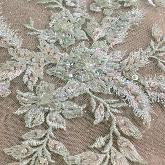 Mint Hand Beaded Embroidery Lace Fabric