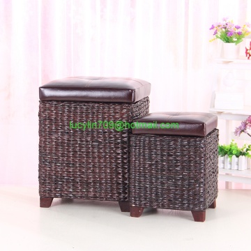 Faux Leather Lid Storage Ottoman with Bulrush Weave
