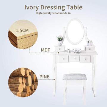 White Vanity Table with Oval Mirror/ 5 Drawers Makeup Table with Mirror Wood Dressing Table w/Cushioned Stool