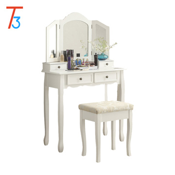 Wooden mirror with stool foldable white dressing table