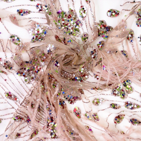 Brown Feather Handmade Beaded Floral Lace