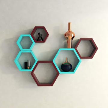 Wall Shelf Rack Set of 6 Hexagon Shape Storage Wall Shelves for Home - Sky Blue & Maroon