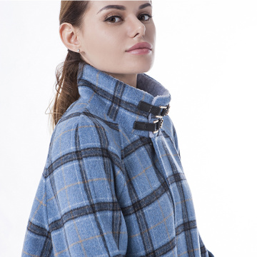 Blue checked cashmere coat with stand collar