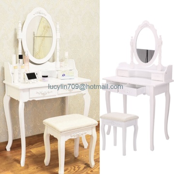 White Dressing Table Vanity Makeup Desk with 4 Drawers, Mirror Set and Stool