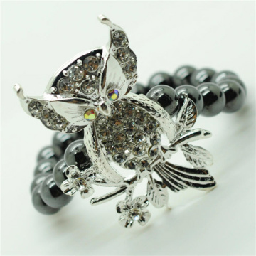 Hematite 8MM Round Beads Stretch Gemstone Bracelet with Diamante alloy Owl Piece