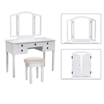 Vanity Set Tri-folding Mirror Make-up Dressing Table Cushioned Stool 5 Drawers White