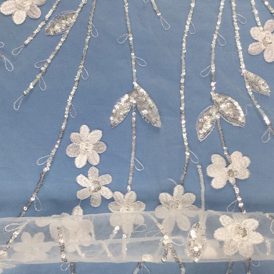 White Crystal Sequin Flower Embroidery Fabric