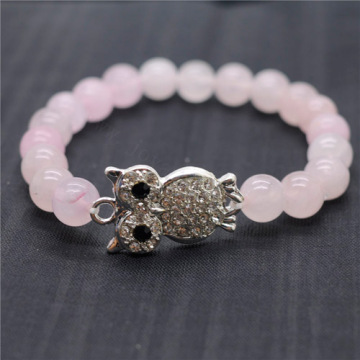 Rose Quartz 8MM Round Beads Stretch Gemstone Bracelet with Diamante alloy Owl Piece