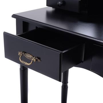 Tri Folding Black Vanity Mirrored Makeup Table Stool Set Drawers