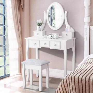 White Vanity Table with Oval Mirror/ 5 Drawers Makeup Table with Mirror Wood Dressing Table w/Cushioned Stool