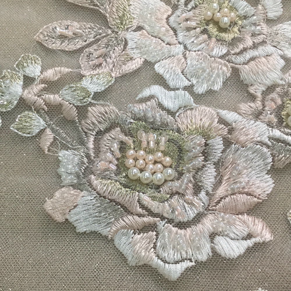 Blue Gray Flower Beaded Fabric 6