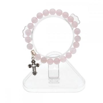 Natural Rose Quartz Chakra Gemstone 8MM Round Beads Charms Bracelet with Cross Alloy
