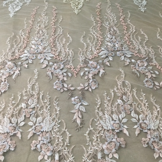 Classical Light Blue Handwork Beaded Embroidery Fabric