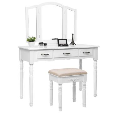 3 Large Drawers, Tri folding Mirror, Makeup Dressing Table with Storage Cushioned Stool