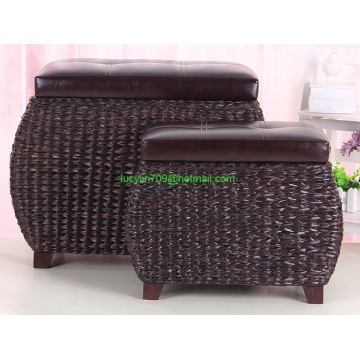 Faux Leather Lid Storage Ottoman with Bulrush Weave
