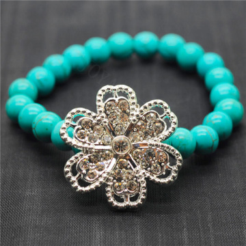 Turquoise 8MM Round Beads Stretch Gemstone Bracelet with Diamante alloy Flower Piece