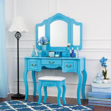 Blue color Beauty Station Makeup Table Wooden Stool Set Mirrors with Organization Drawers