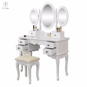Classic wooden 3 fold mirrors white dressing table wood dresser