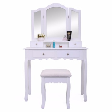 White Vanity Makeup Dressing Table Set Stool 4 Drawer Mirror Wood Desk