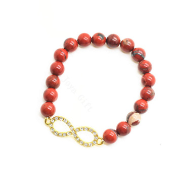 Red Jasper 8MM Round Beads Stretch Gemstone Bracelet with Diamante 8-shape Piece