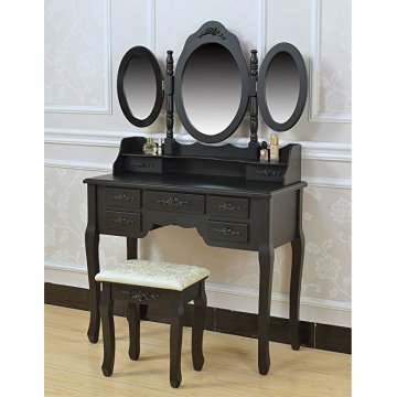 Black Wooden Makeup Vanity Table Set Tri-folding Mirror with Cushioned Stool Set