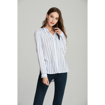 ladies woven printed blue stripe shirt blouse