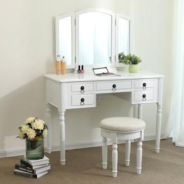 White Vanity Set Tri-folding Mirror Make-up Dressing Table Stool 5 Drawers