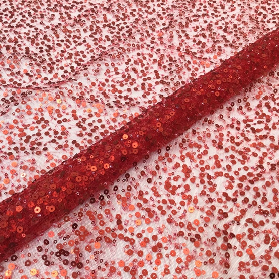 Shiny Red Sequin Lace Embroidery Fabric