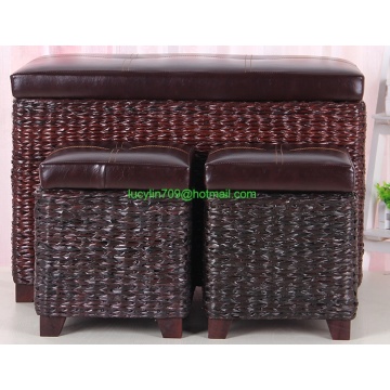 Foot Stool Storage Ottoman Bench 3 Piece Leather Cube Storage Stool Rattan Bulrush Upholstery Weave Frames Seating,