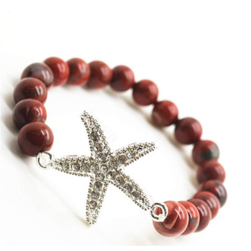 Red Jasper 8MM Round Beads Stretch Gemstone Bracelet with Diamante alloy starfish Piece