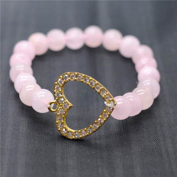 Rose Quartz 8MM Round Beads Stretch Gemstone Bracelet with Diamante alloy Heart Piece
