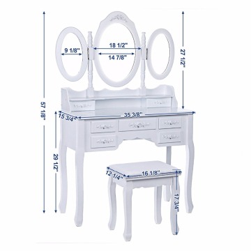 Vanity Set Tri-folding Mirror Make-up Dressing Table Padded Stool with 7 Drawers 2 Dividers