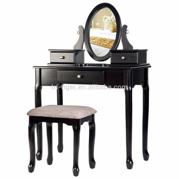 Vanity Table Set Stool Dressing Table Set Solid Makeup Table with Drawers Mirror (Black)