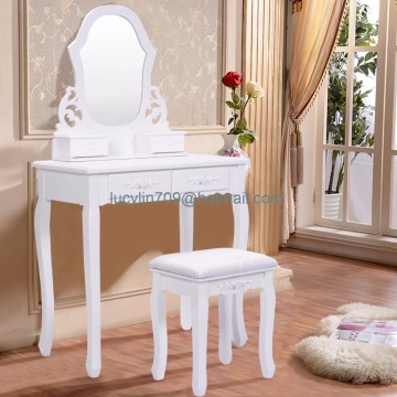 White Vanity Jewelry Wooden Makeup Dressing Table Set bathroom W/Stool Mirror & 4 Drawer