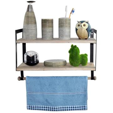 Wall Mount 2 Tier Floating Shelves with Metal Bracket, Rustic Torched Wood with Removable Towel Rod and S Hooks to Storage Organ