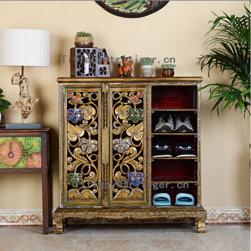 Southeast Luxury trace a design in gold Thailand style wooden shoe cabinet