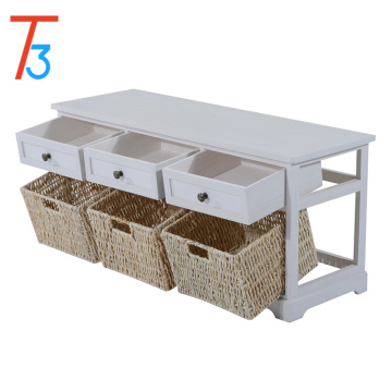 wooden shoe storage wicker basket bench seat with 3-drawer