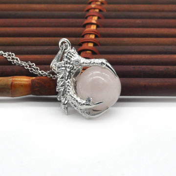 Charm Silver Jewelry Rose Quartz 15MM Sphere Dragon Ball Claw Pendant for Women Accessories
