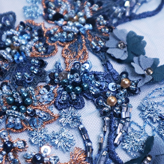Cyan Flower Sequins Embroidery Lace Fabric