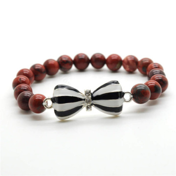 Red Jasper 8MM Round Beads Stretch Gemstone Bracelet with Diamante bow tie Alloy Piece