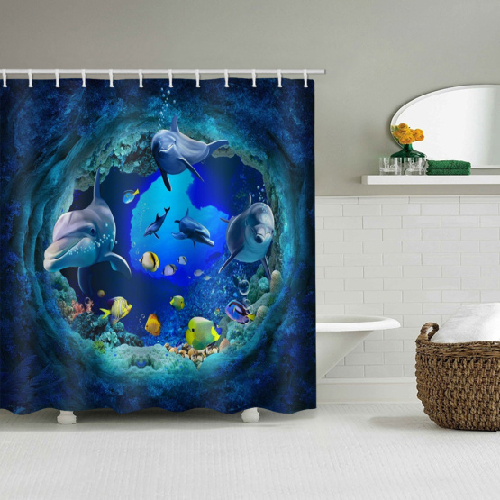 Dolphin Fish Waterproof Shower Curtain Undersea Animal Bathroom Decor