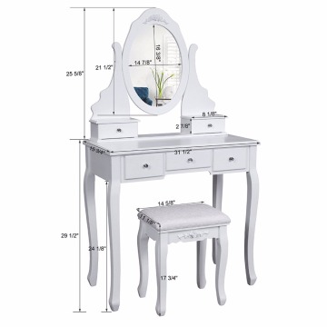 Cheap Dresser Vanity Set with Mirror and Stool Make-up Dressing Table 5 Drawers with 2 Dividers