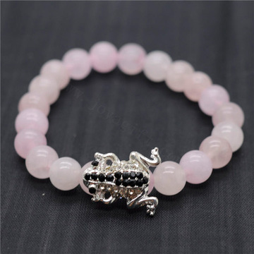 Rose Quartz 8MM Round Beads Stretch Gemstone Bracelet with Diamante alloy Frog Piece