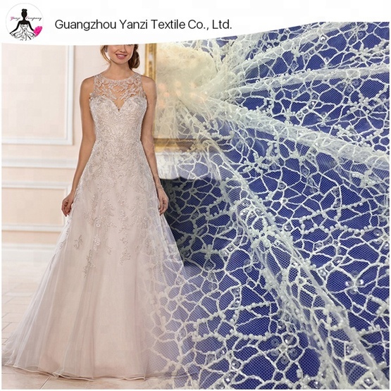 Ivory Tulle Beaded Lace Fabric