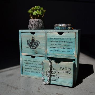 French Country Design Rustic Turquoise 4 Drawer Wooden Storage Cabinet Jewelry Organizer Chest