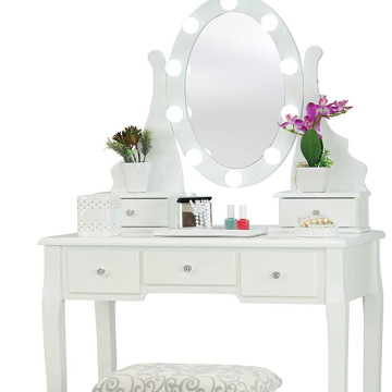 Dressing Table with Stool and LED Lights with 5 Drawers and Mirror, White