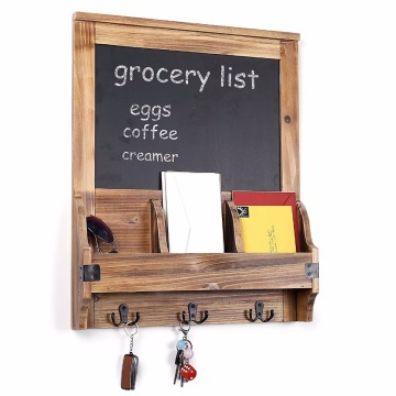 Rustic Burnt Wood Wall-Mounted Entryway Organizer with Chalkboard Sign & Key Hooks
