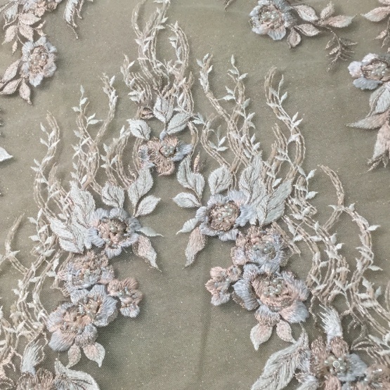 Classical Light Blue Handwork Beaded Embroidery Fabric