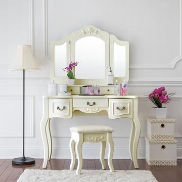 Vanity Set Beauty Station Makeup Table Wooden Stool 3 Mirrors with 5 Organization Drawers Ivory White